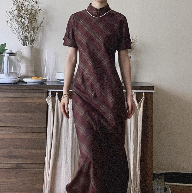 摩登斜裁 / 复古改良旗袍连身裙 / 格纹 - 旗袍 - 其他材质 