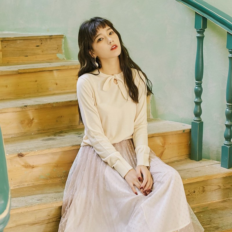 2018秋装女士新品兔耳朵系带长袖针织衫 - 女装针织衫/毛衣 - 聚酯纤维 黄色