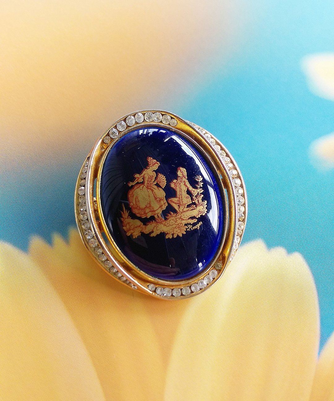 Vintage Jewelry 西洋古董饰品 法国 LIMOGES 瓷画 小情侣别针 - 徽章/别针 - 其他金属 金色