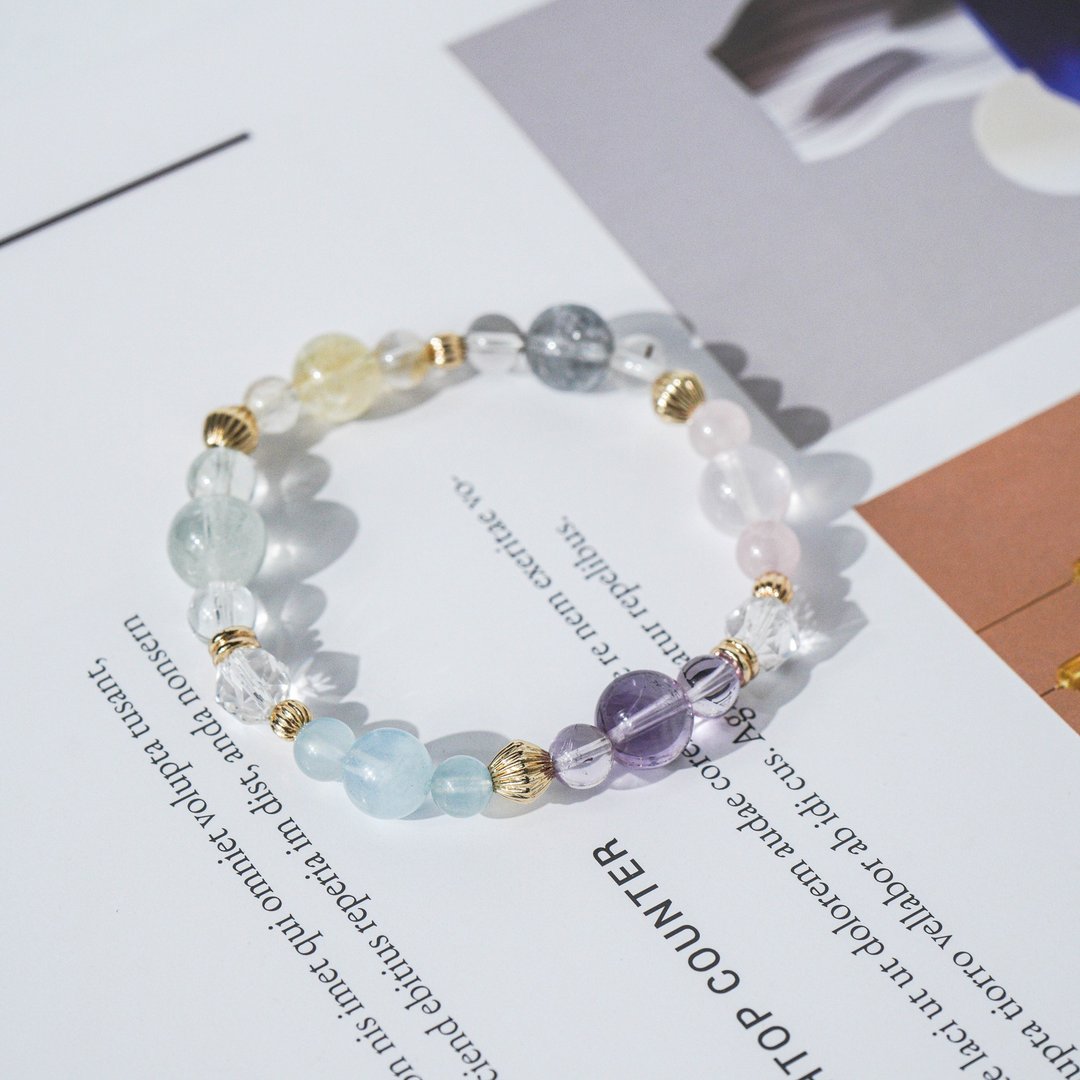 粉晶、黄水晶、绿水晶、海蓝宝、紫水晶、白水晶、闪灵手链 - 手链/手环 - 水晶 多色