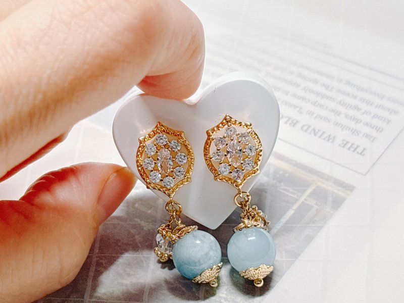【定制】 偶蕊原创饰验室 l 蔚蓝大海耳针 l 海蓝宝耳饰_14k包金 - 耳环/耳夹 - 水晶 蓝色