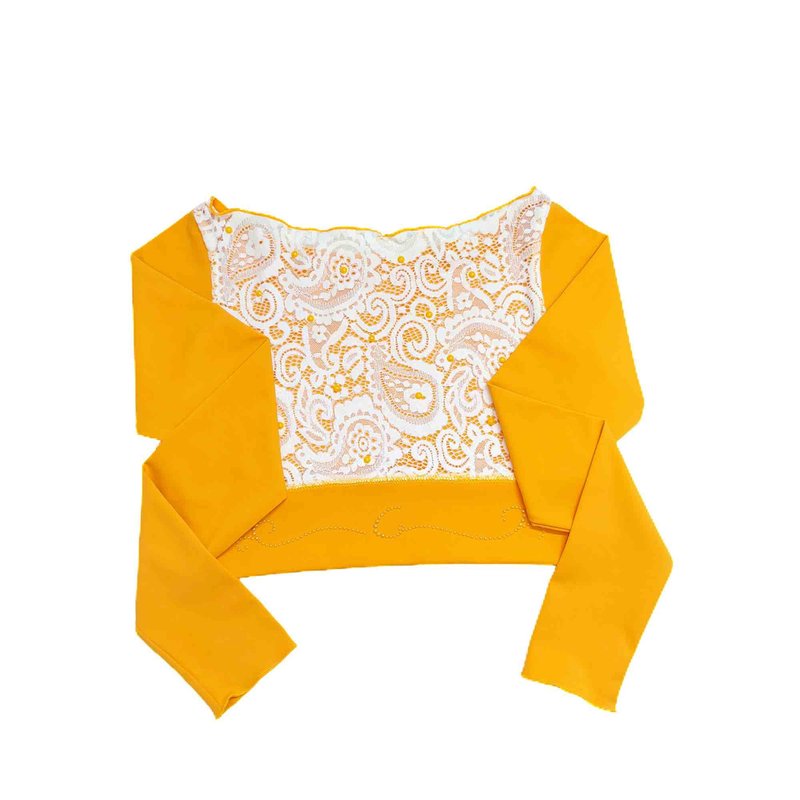 客製花樣滑冰短款上衣 蕾絲鏤空長袖設計 璀璨水鑽與專屬字母裝 - 女装上衣 - 聚酯纤维 橘色