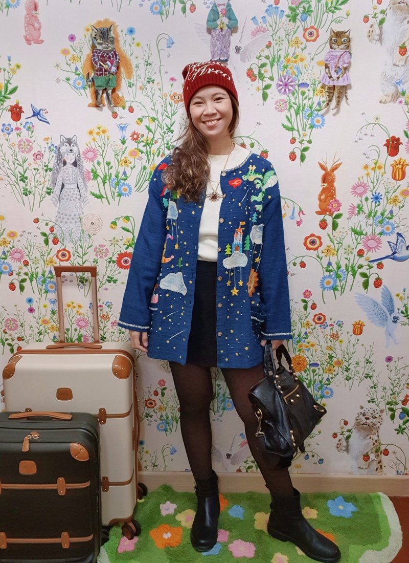 手工刺绣衬衫、花卉、邮票、郁金香、字母、玫瑰、雏菊、2 面 - 女装上衣 - 绣线 蓝色