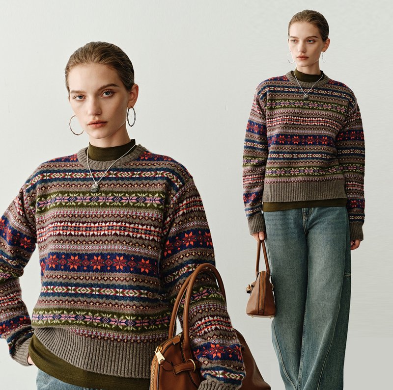 【100%羊毛】 法式简约/圆领费尔岛套头毛衣/重工提花针织衫 - 女装上衣 - 羊毛 咖啡色