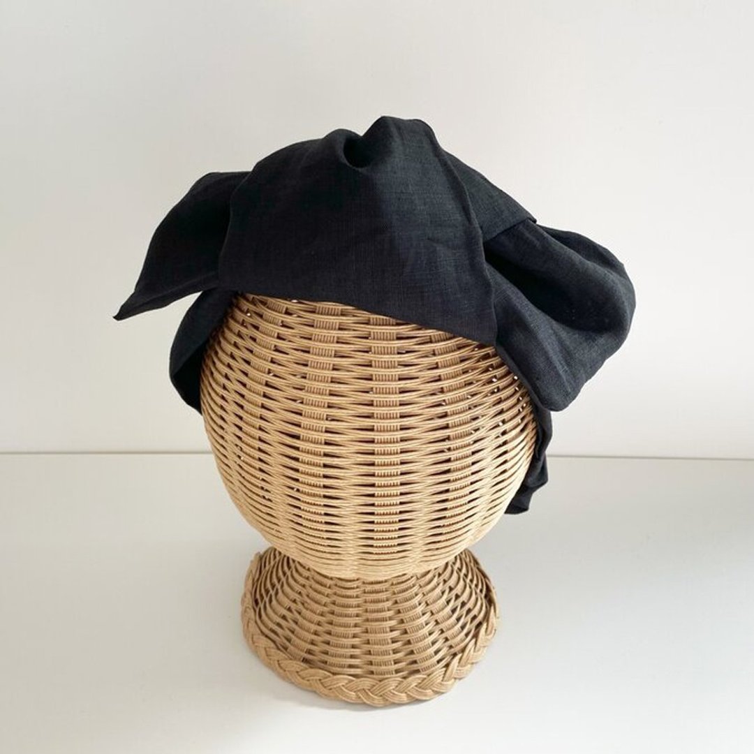 2way Luxury Linen hair turban Black Natural material Made in Japan High quality Linen fabric used - 发带/发箍 - 棉 黑色