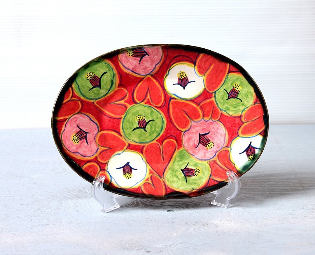Overglaze dish of camellia (orange leaves) - 花瓶/陶器 - 陶 红色