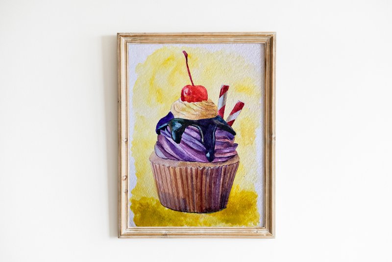 Sweet Cupcake watercolor art/Original painting/Framed/Gift/Home decor - 海报/装饰画/版画 - 纸 多色