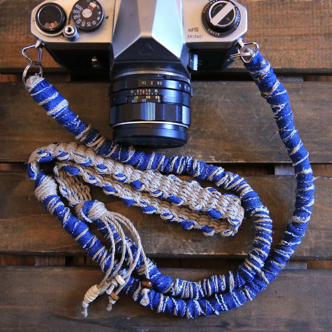 Color faded denim ripped cloth hemp string hemp camera strap / double ring - 挂绳/吊绳 - 棉 蓝色