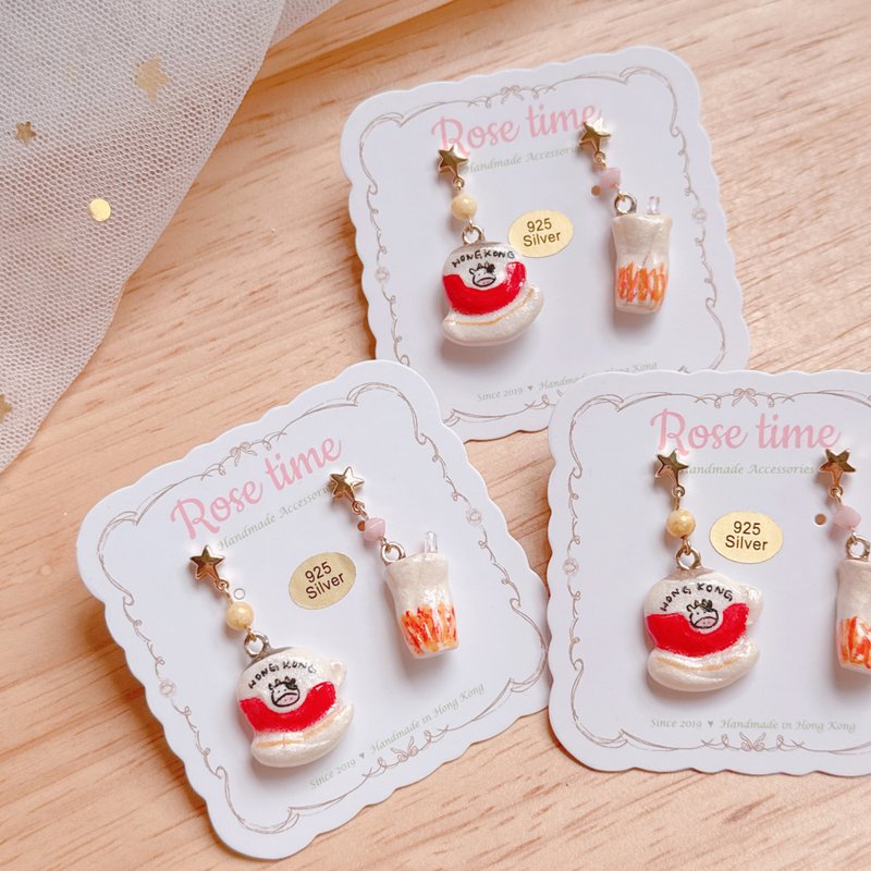 熊熊面包师傅  法棍和牛角包 耳环 - 耳环/耳夹 - 粘土 金色