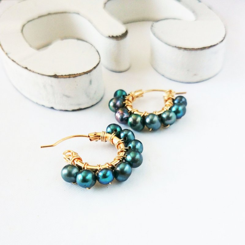 14kgf * Freshwater pearl green wrapped pierce / earring - 耳环/耳夹 - 宝石 绿色