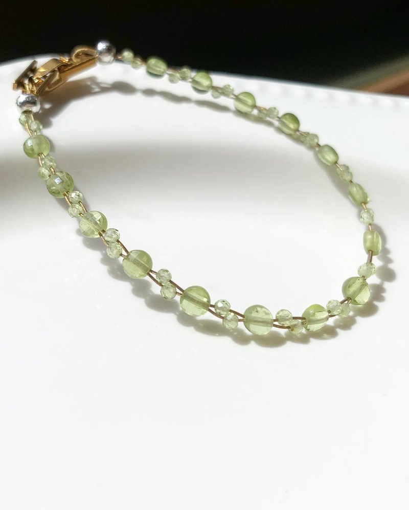 扁平多切面橄榄石+圆形橄榄石双编麻花编织手链 - 手链/手环 - 玉石 绿色