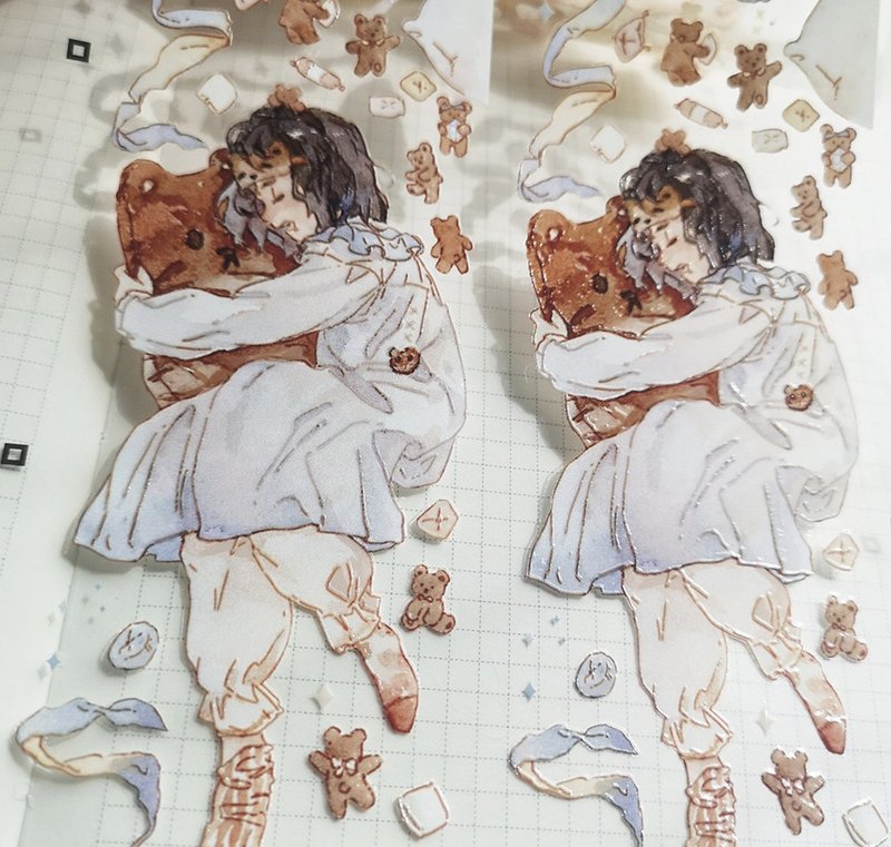 甜与梦 (女孩/甜品/小熊) 塩顏繪畫 PET 和紙膠帶 10米卷 台灣製 - 纸胶带 - 其他材质 红色