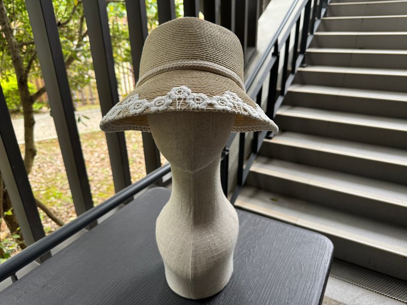 小花包边帽檐可翻遮阳帽 - 帽子 - 其他人造纤维 卡其色