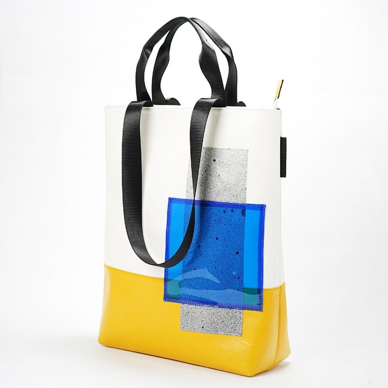 White and yellow Zipper Tote Bag - 其他 - 人造皮革 黄色