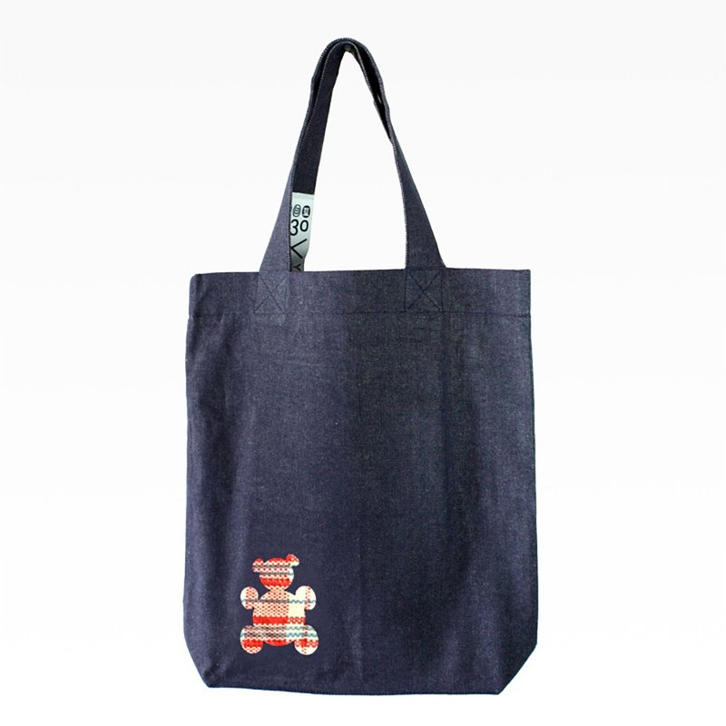 红白蓝330 X 又一山人 - 熊白蓝牛仔布袋 B (小熊) 格子1 - 侧背包/斜挎包 - 其他材质 