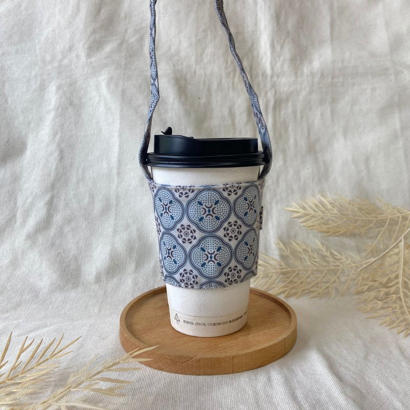 原创 饮料提袋/杯套/台湾经典-海棠花 - 随行杯提袋/水壶袋 - 棉．麻 蓝色