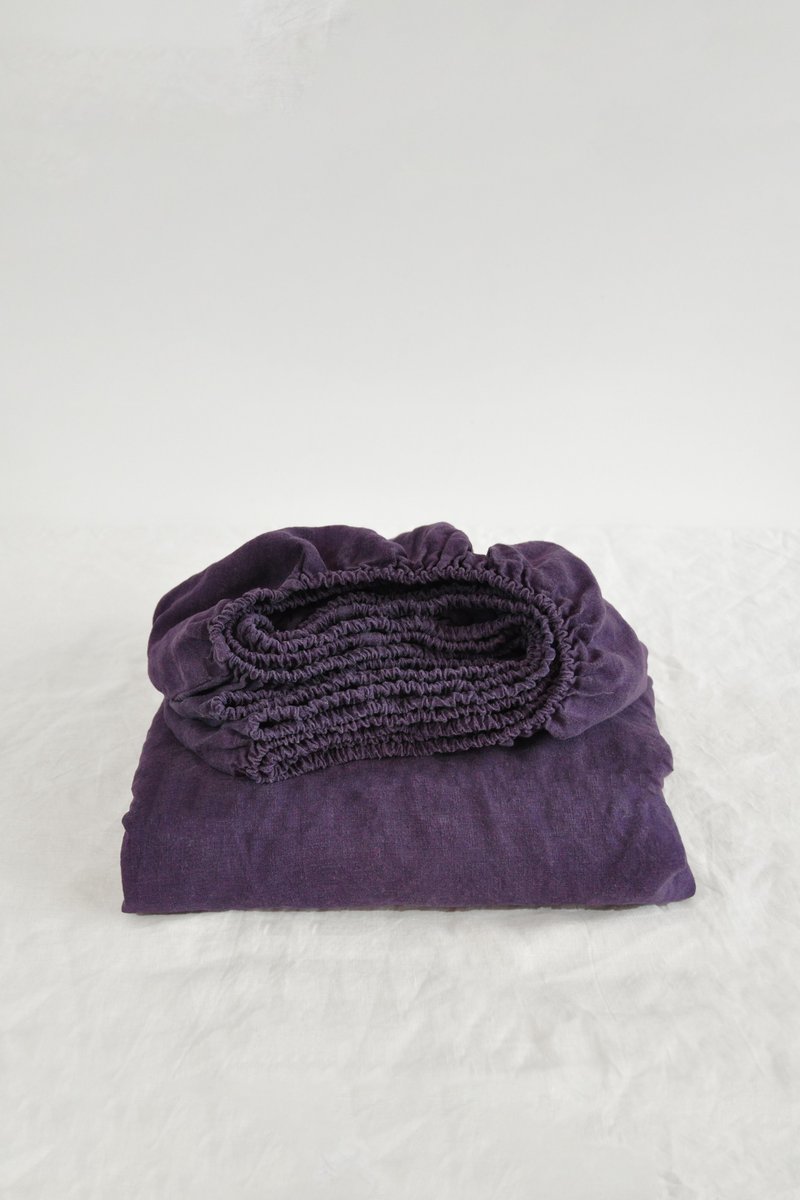 Deep purple linen fitted sheet / Softened linen bed sheet / Deep pocket - 寝具 - 亚麻 紫色