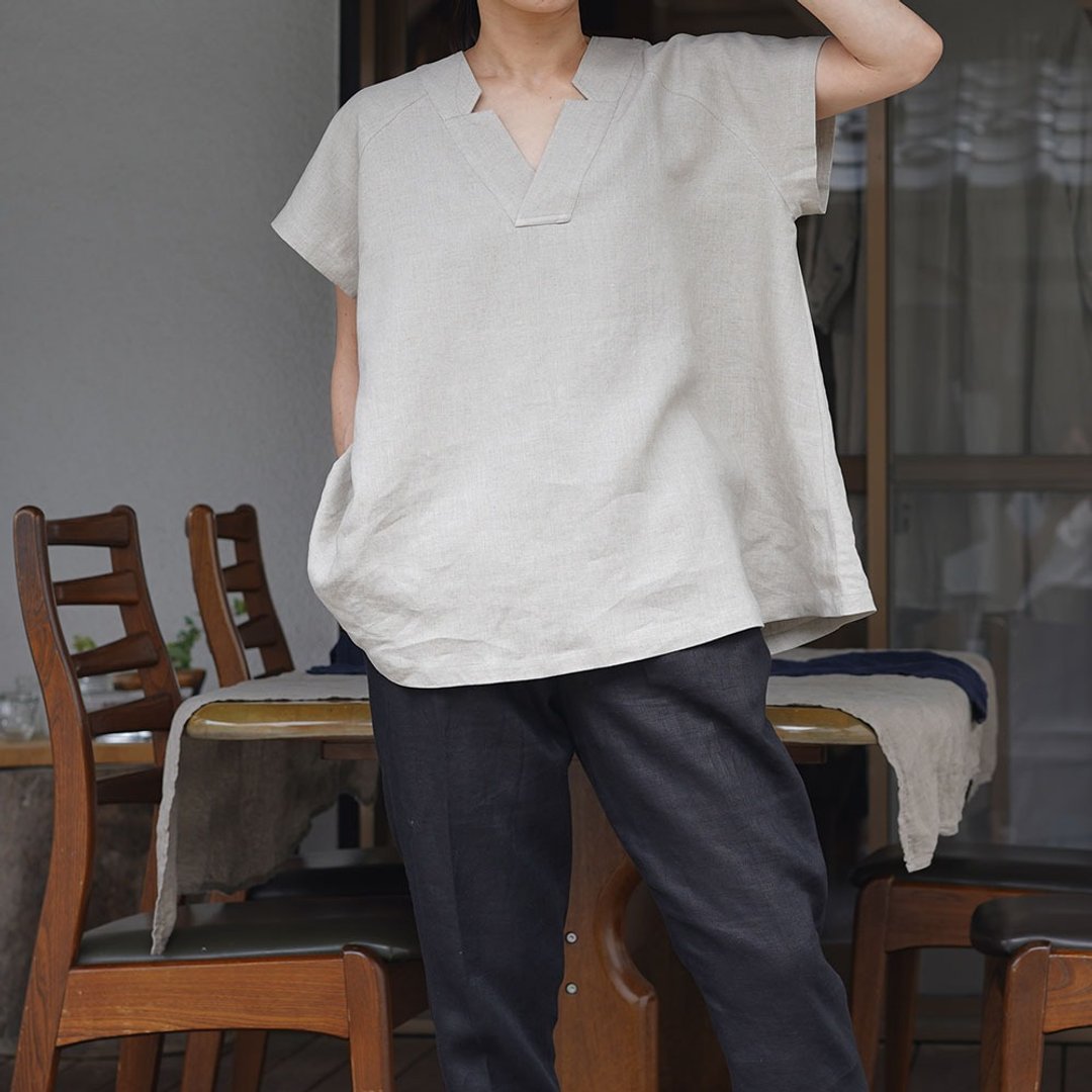 wafu - 亞麻上衣 Lightweight Linen Kimono Collar and Sleeve Tunic / Flax t028e-amn1 - 女装 T 恤 - 亚麻 卡其色