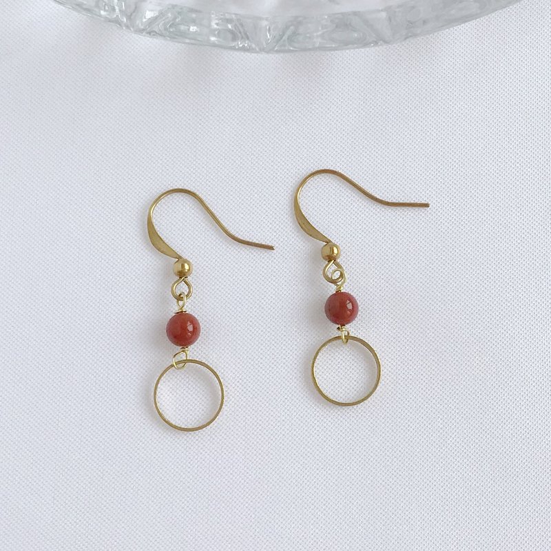 古典小圈。天然南红玛瑙 黄铜 手作耳环 耳勾 垂坠耳环 避邪 平安 - 耳环/耳夹 - 铜/黄铜 红色