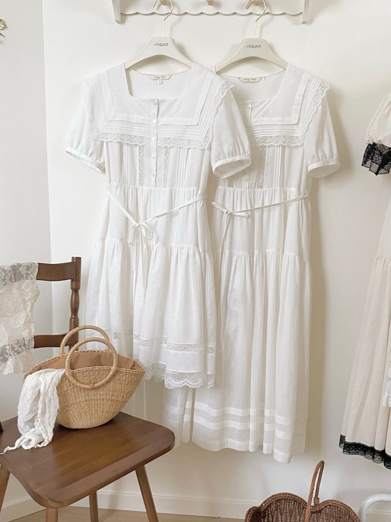 复古少女 风琴褶海军领 vintage洋装连衣裙 连身 - 洋装/连衣裙 - 亚麻 白色