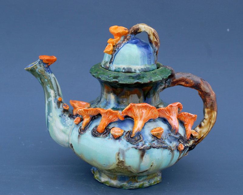Large teapot Handmade unusual ceramic teapot Mushrooms figurine Fairy teapot - 茶具/茶杯 - 陶 多色