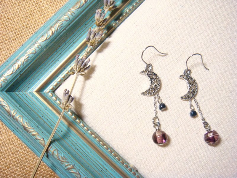 柚子林琉璃 - 耳环 - 月儿弯弯 - 夜幕色 - 可改夹式 - 耳环/耳夹 - 玻璃 紫色