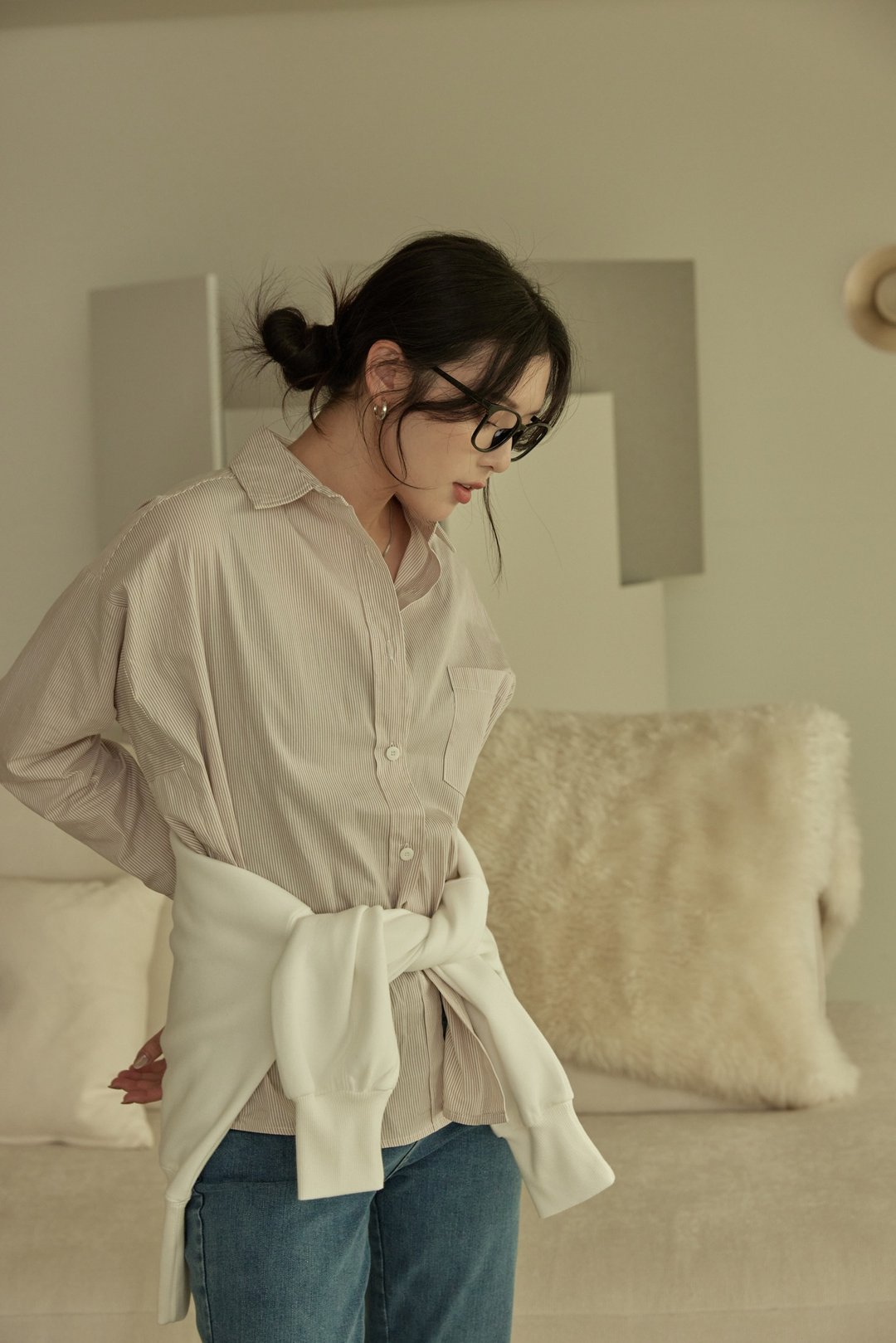 纯棉随性感口袋男友衬衫(条纹杏) - 女装衬衫 - 棉 卡其色