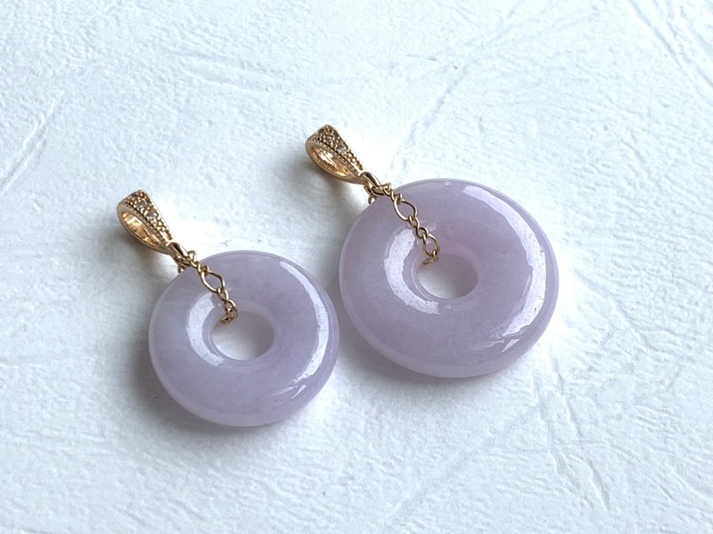 粉嫩紫罗兰平安扣 天然A货缅甸玉翡翠 平安扣项链 14K包金项链 - 项链 - 玉石 紫色