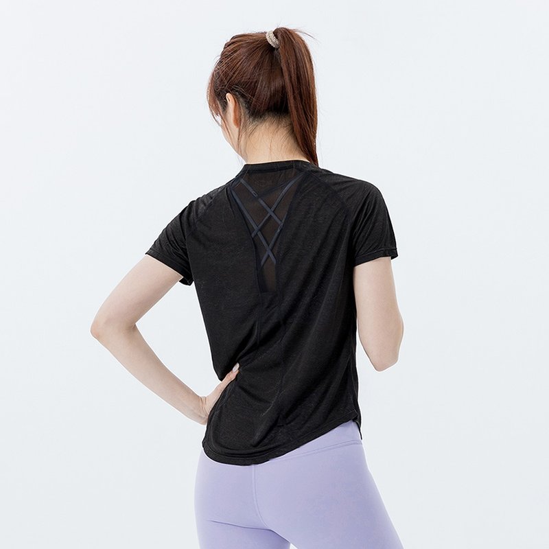 【NAMASTE】Trisha 后曲线拼接网纱短袖 - 黑 - 女装运动衣 - 聚酯纤维 黑色