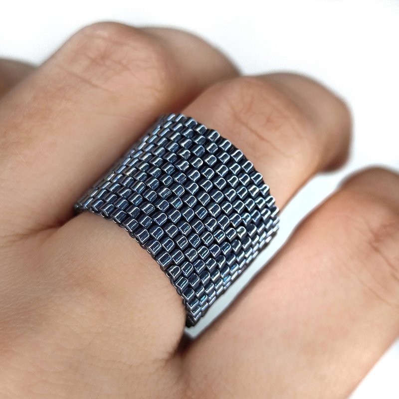 美丽的赤铁矿珠圈 手工宽幅柔性圈 弹性珠圈 - 戒指 - 玻璃 蓝色