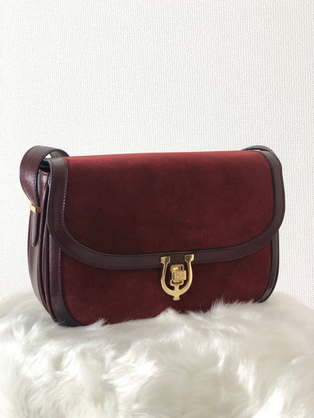 【日本直运，名牌包装】CELINE Triomphe Turnlock Leather x Suede Frame 单肩包 波尔多 rxbz24 - 侧背包/斜挎包 - 真皮 红色