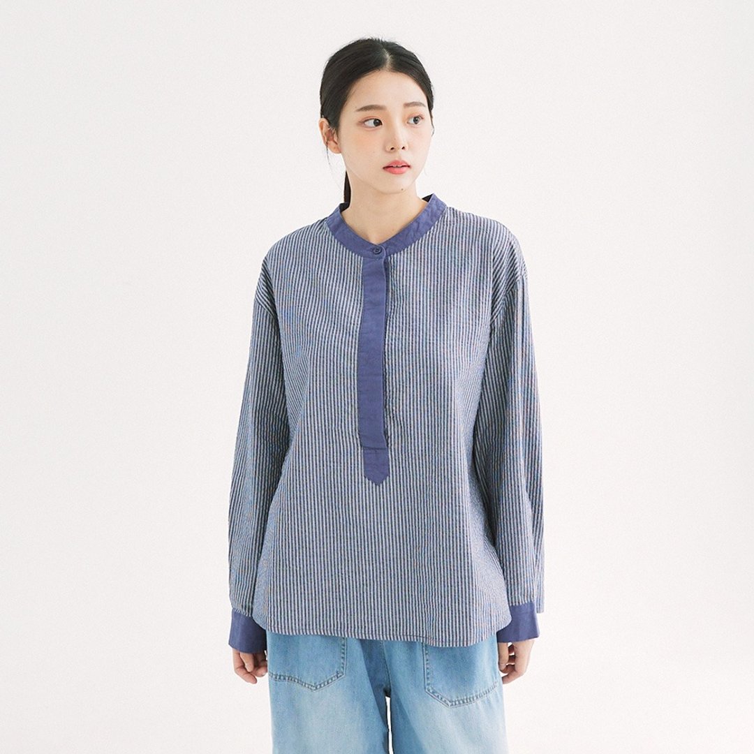 【Simply Yours】条纹拚色衬衫 蓝F - 女装衬衫 - 棉 蓝色