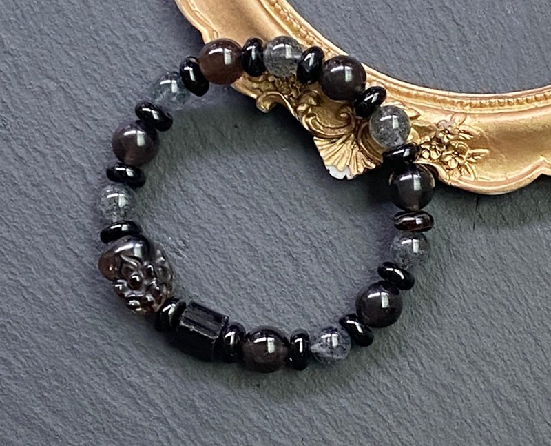 招财避邪-冰种黑曜石黑云母黑玛瑙黑碧玺原石茶晶貔貅天然石手链 - 手链/手环 - 水晶 多色