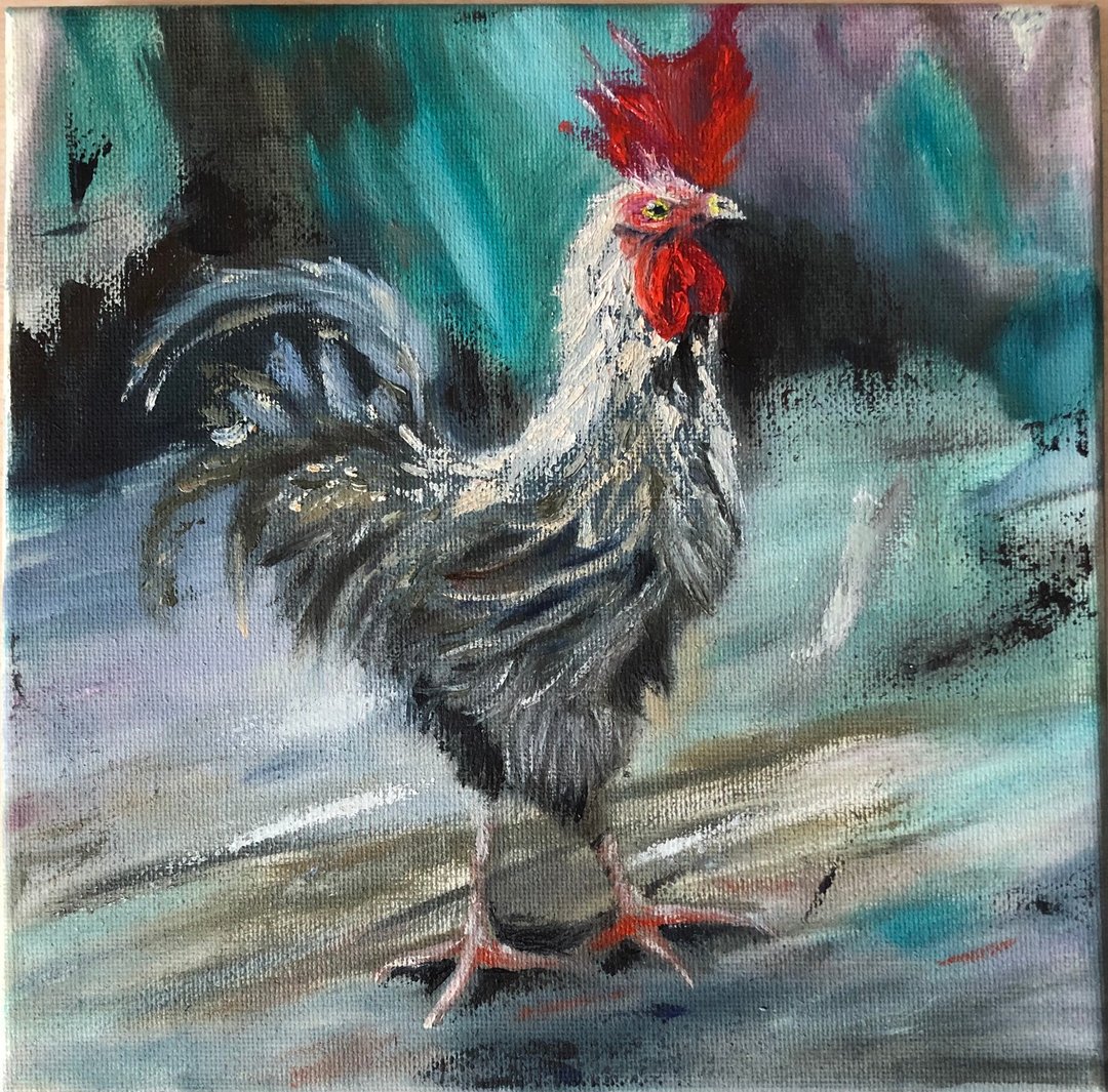 Rooster farm modern art farmhouse Original oil painting - 墙贴/壁贴 - 棉．麻 灰色