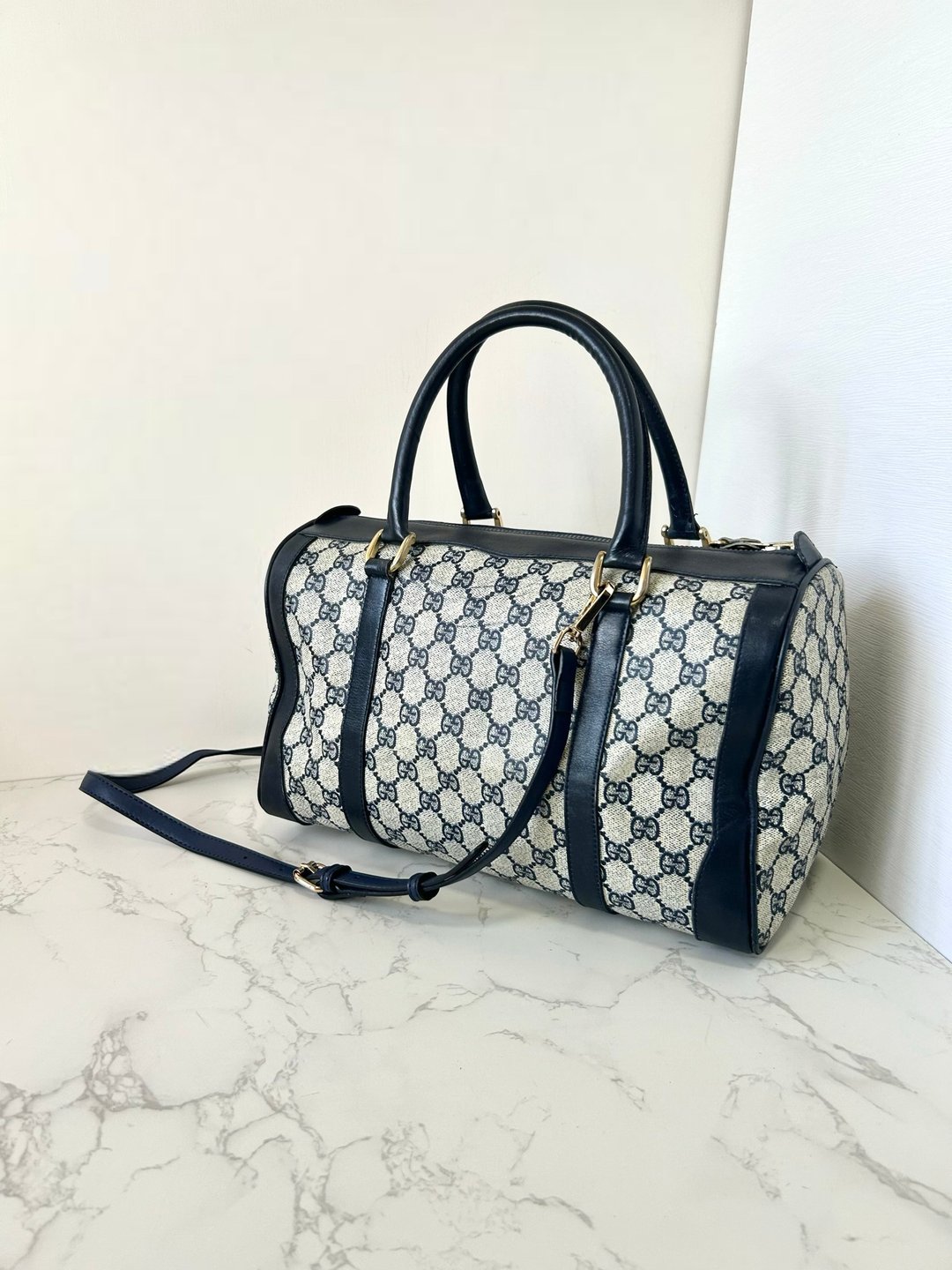 【特选货品】- 中古二手 Gucci 蓝色老花波士顿包斜背单肩侧孭皮革手 - 侧背包/斜挎包 - 真皮 蓝色