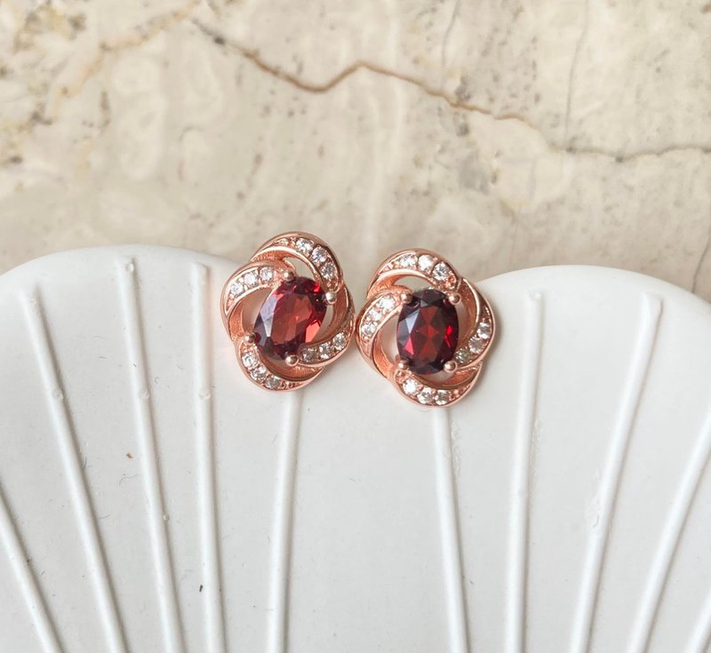 天然石榴石耳环玫瑰金925纯银耳环戒指裸石宝石轻珠宝半宝石 - 耳环/耳夹 - 宝石 红色