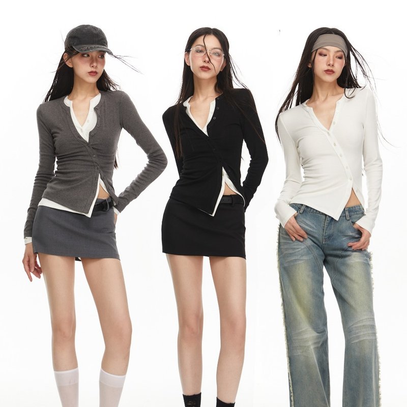 【亨利領解構斜門襟】三色疊穿針織打底衫 - 女装 T 恤 - 其他材质 黑色