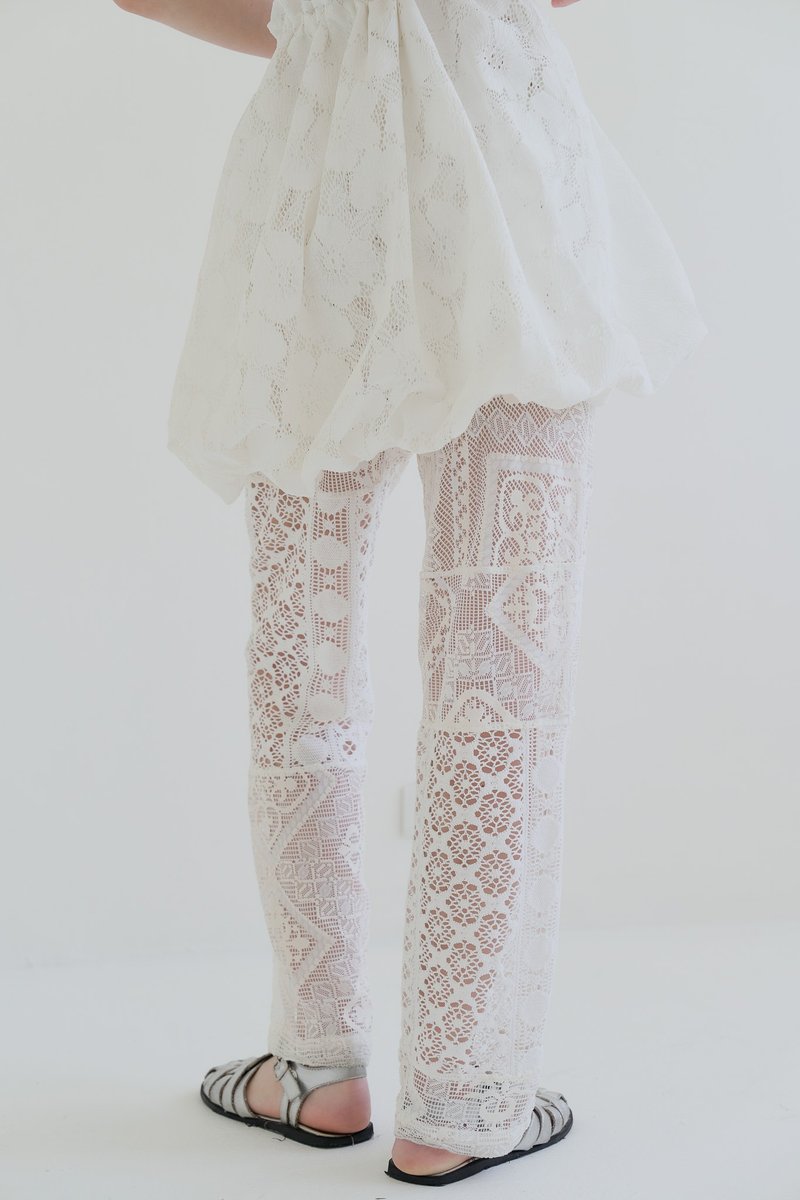 embroidery lace pants 蕾丝拼接长裤 white 白 - 女装长裤 - 聚酯纤维 白色