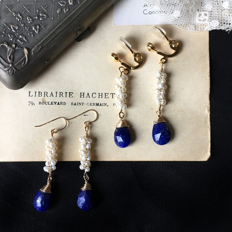 14kgf Lapis Lazuli Drops x Vintage Pearl and Freshwater Keshipearl Earrings OR Brass Painless Ear Clips Ear Needles / Ear Ears - 耳环/耳夹 - 宝石 蓝色