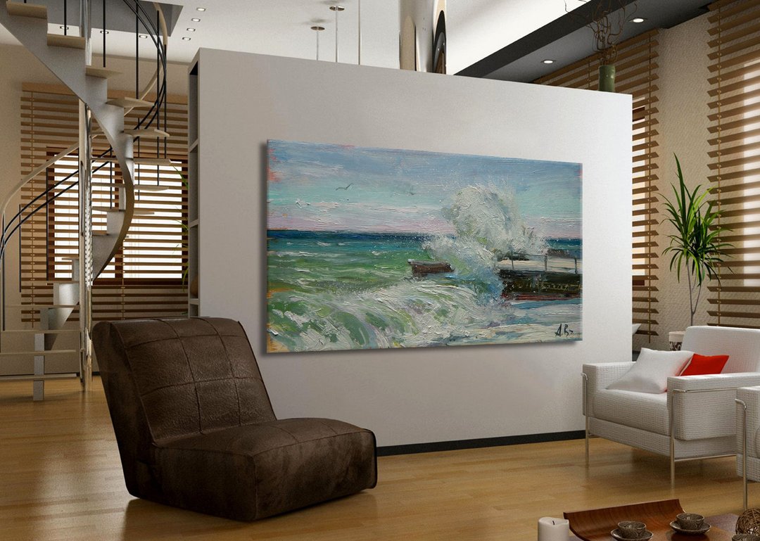 Breakwater Sea Waves Beach Seascape Textured Original Oil Painting Wall Decor - 墙贴/壁贴 - 亚麻 白色