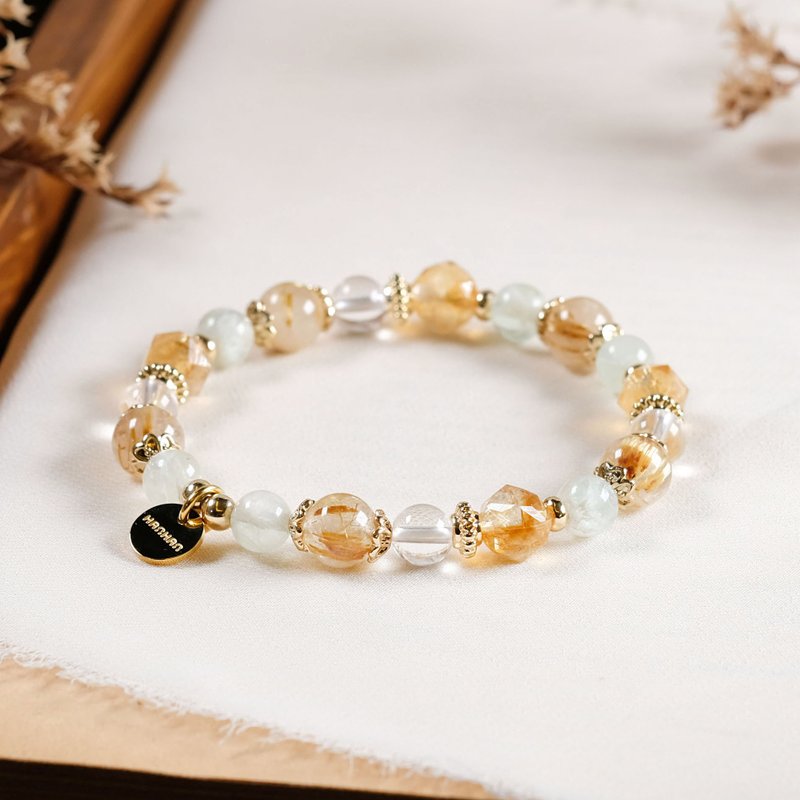 黄水晶 金发晶(钛晶) 羽毛萤石 白水晶 手链 天然矿石水晶 - 手链/手环 - 宝石 黄色