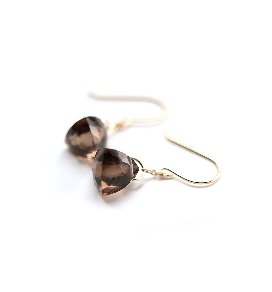 Single smoky quartz (trilliant cut) K10 hook earrings ~ESPOIR~ - 耳环/耳夹 - 宝石 咖啡色