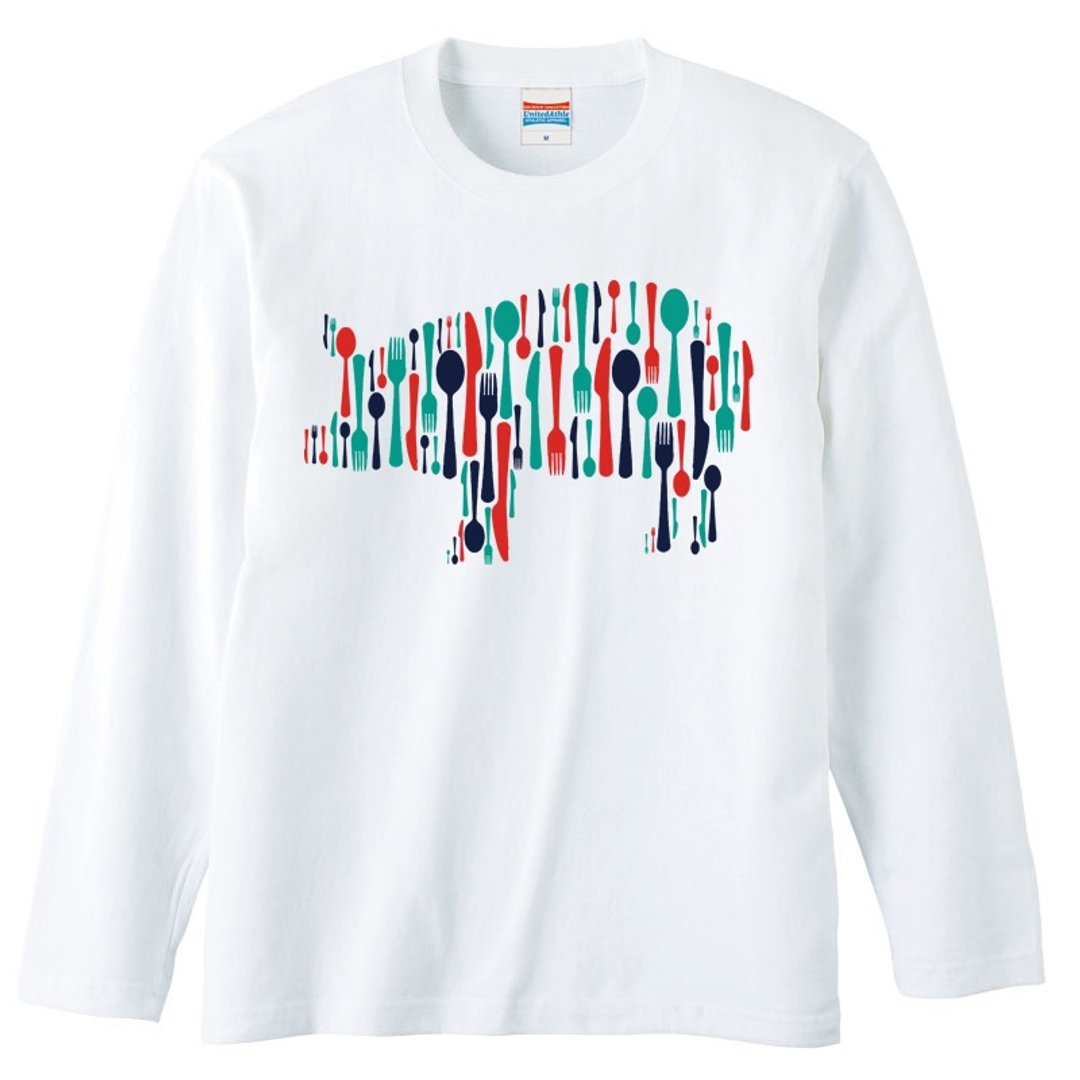 Long sleeve T-shirt / Pig knife & fork & spoon - 男装上衣/T 恤 - 棉 白色