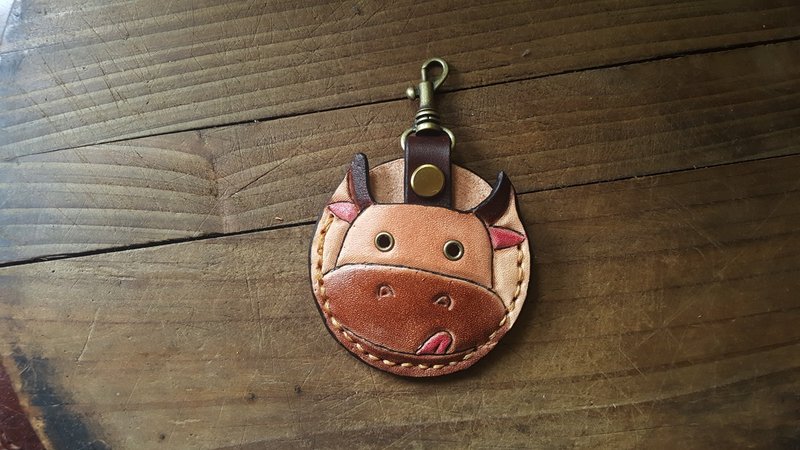 奋斗可爱吐舌小牛牛 gogoro 钥匙 纯牛皮皮革套 - 钥匙链/钥匙包 - 真皮 咖啡色