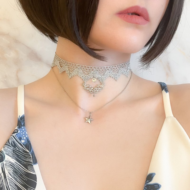 银/ 山鲁佐德的项链/星星和银蕾丝颈链 SV105S - 颈链 - 其他金属 银色