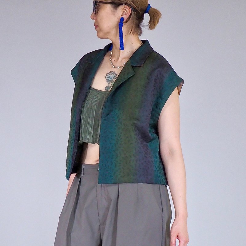 【日本制造】法式袖短款衬衫、女士M-L、ombre绿色、和服翻拍 - 女装衬衫 - 丝．绢 多色