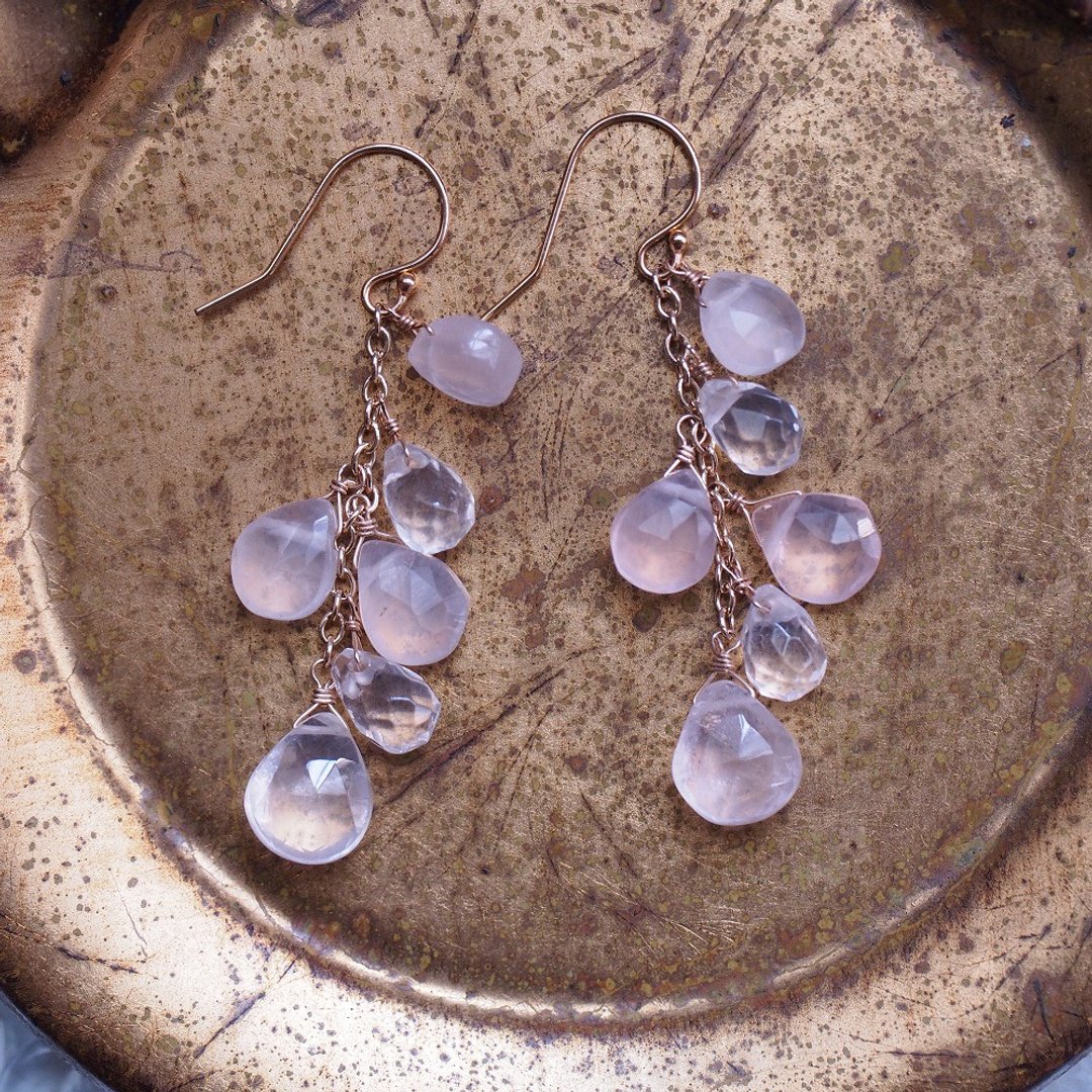 14KGF 粉晶 玫瑰石英 吊灯式水滴宝石耳环  Rose Quartz earrings - 耳环/耳夹 - 水晶 粉红色