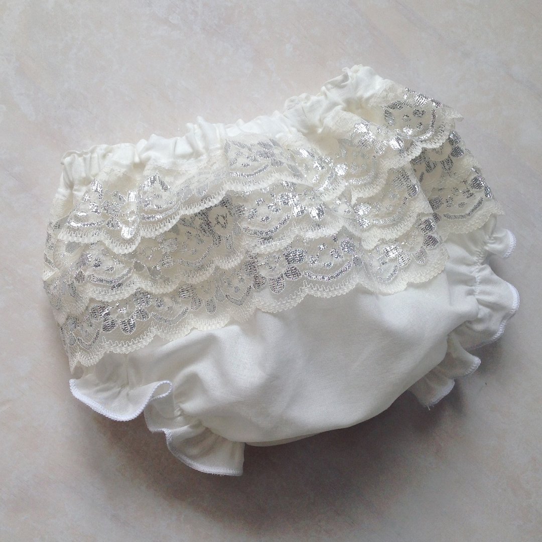 Baby Girls Ivory & Silver Christening Bloomers - 满月礼盒 - 棉 银色