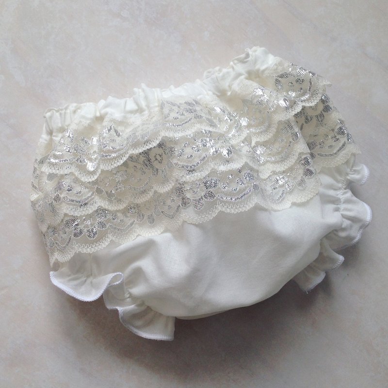 Baby Girls Ivory & Silver Christening Bloomers - 满月礼盒 - 棉．麻 银色