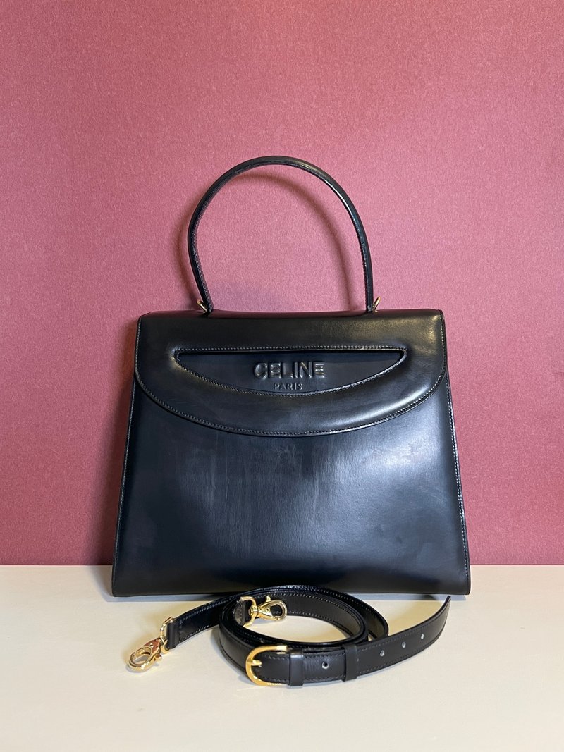 Celine席琳独特开盖设计黑色皮革中古手提袋肩背包 日本vintage - 侧背包/斜挎包 - 真皮 黑色